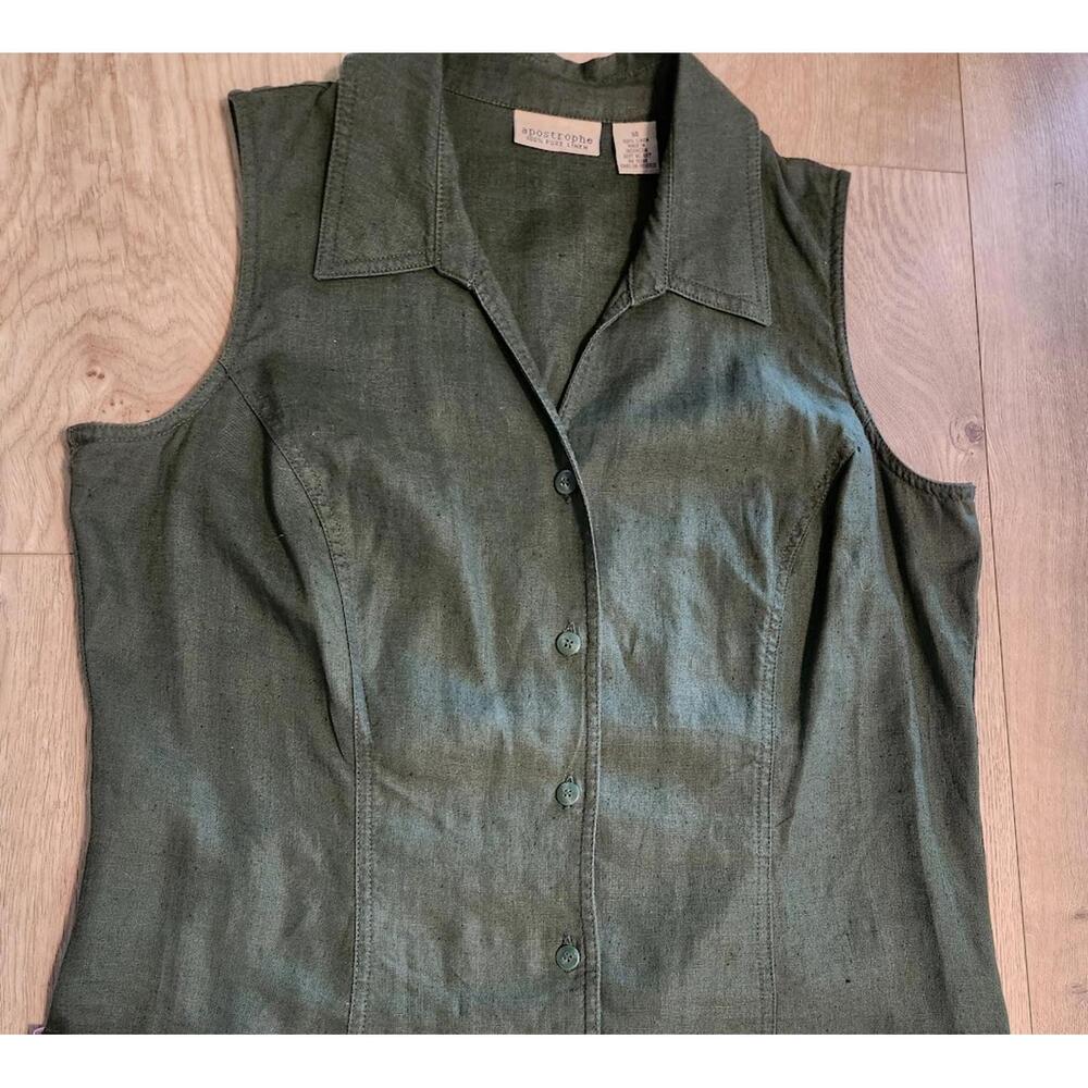 Y2K Linen Green Midi Button Shirt Dress Sleeveless Lagenlook Minimalist Sz 14